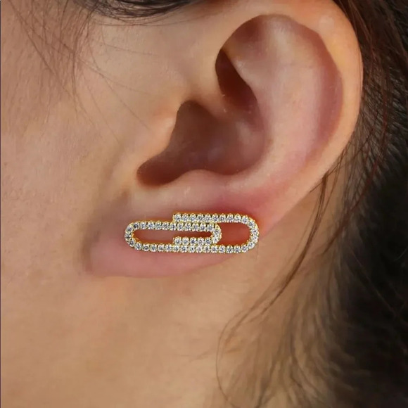 NEW! 18K Yellow Gold Plated & Sterling Silver Cubic Zirconia Paperclip Earrings - Picture 3 of 7